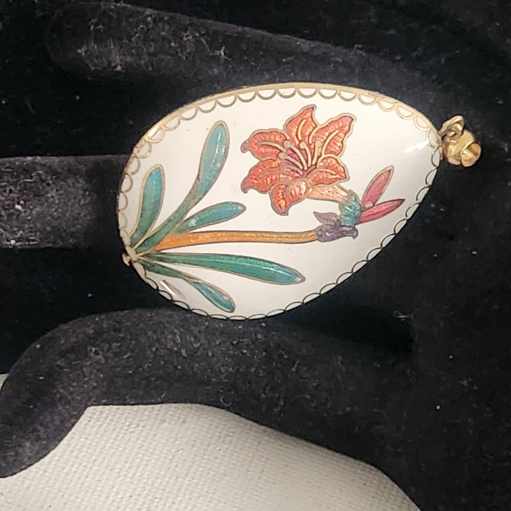 Vintage Cloisonne Enamel Egg Pendant White Orange Floral Lily Gold Tone Charm